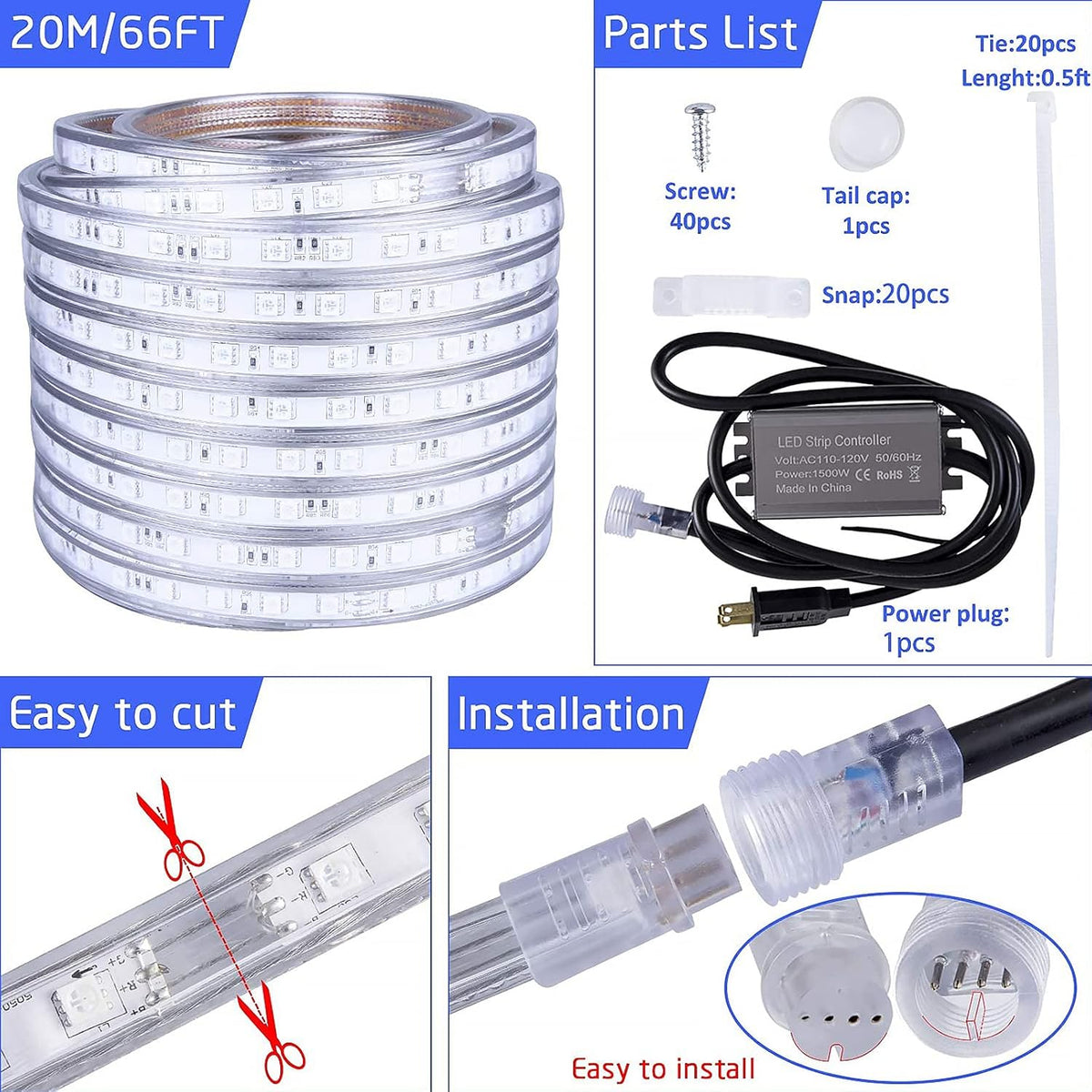 8 Colors RGB Dimmable 65.6ft 20m Waterproof IP65 Flexible Strip Light L51484