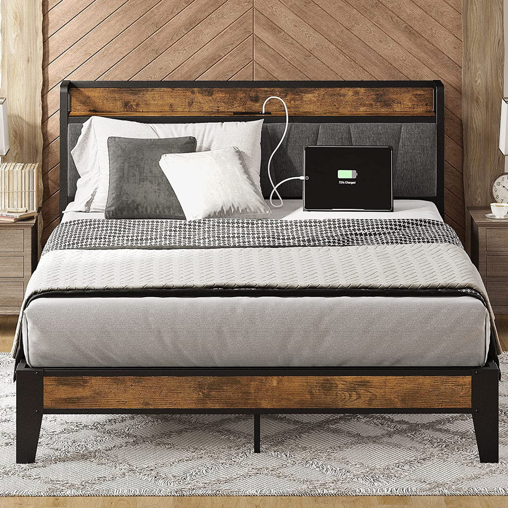 King Metal Bed Frame with Storage Headboard and Outlets G9655