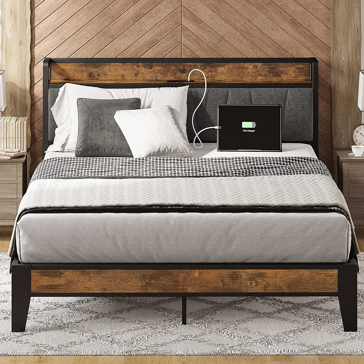 King Metal Bed Frame with Storage Headboard and Outlets G9655