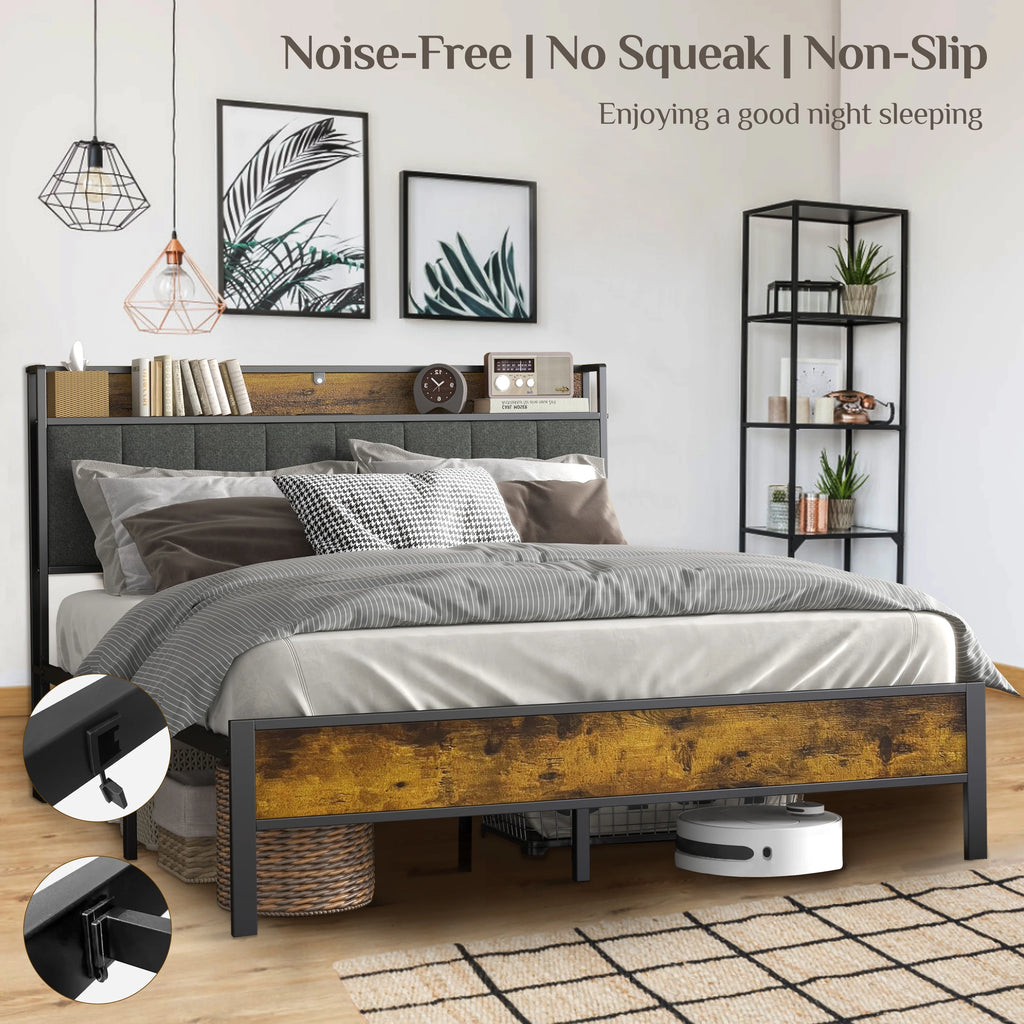 Log Brown Full Size Metal Bedframe with Headboard R5228