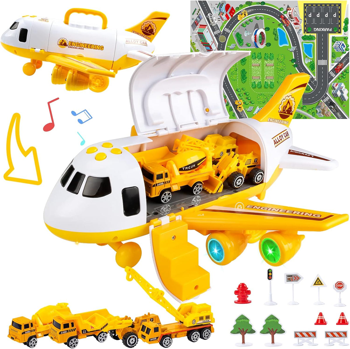 Toddler Airplane Toys with Lights and Sounds, Transport Cargo Airplane with 4 Construction Cars S318