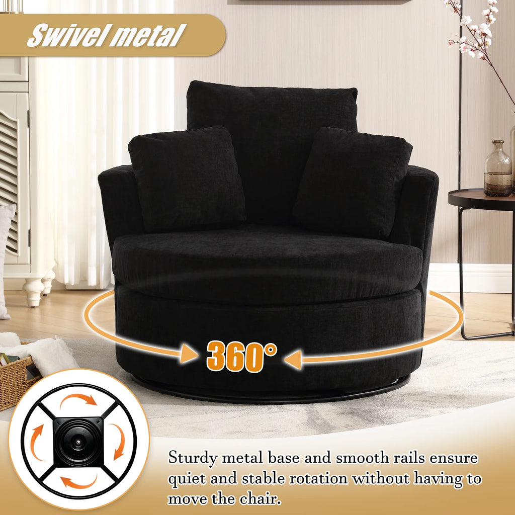 Black Chenille Swivel Barrel Chair with Pillows N2531
