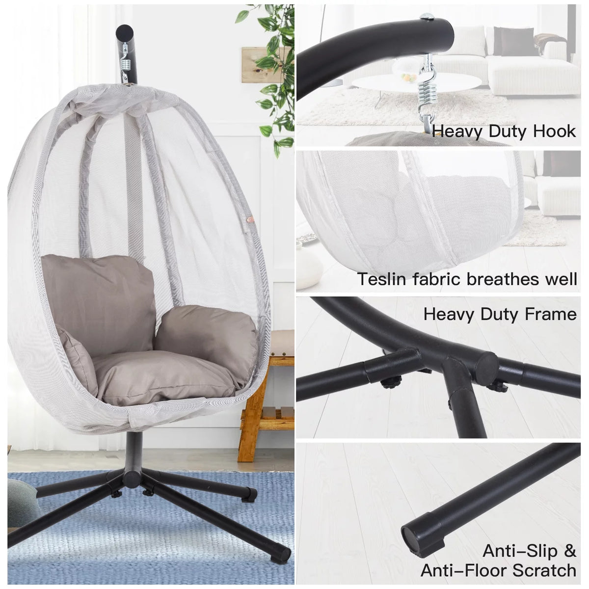 Egg Chair with Metal Stand and Cushion, 400LBS Capacity, Gray A186