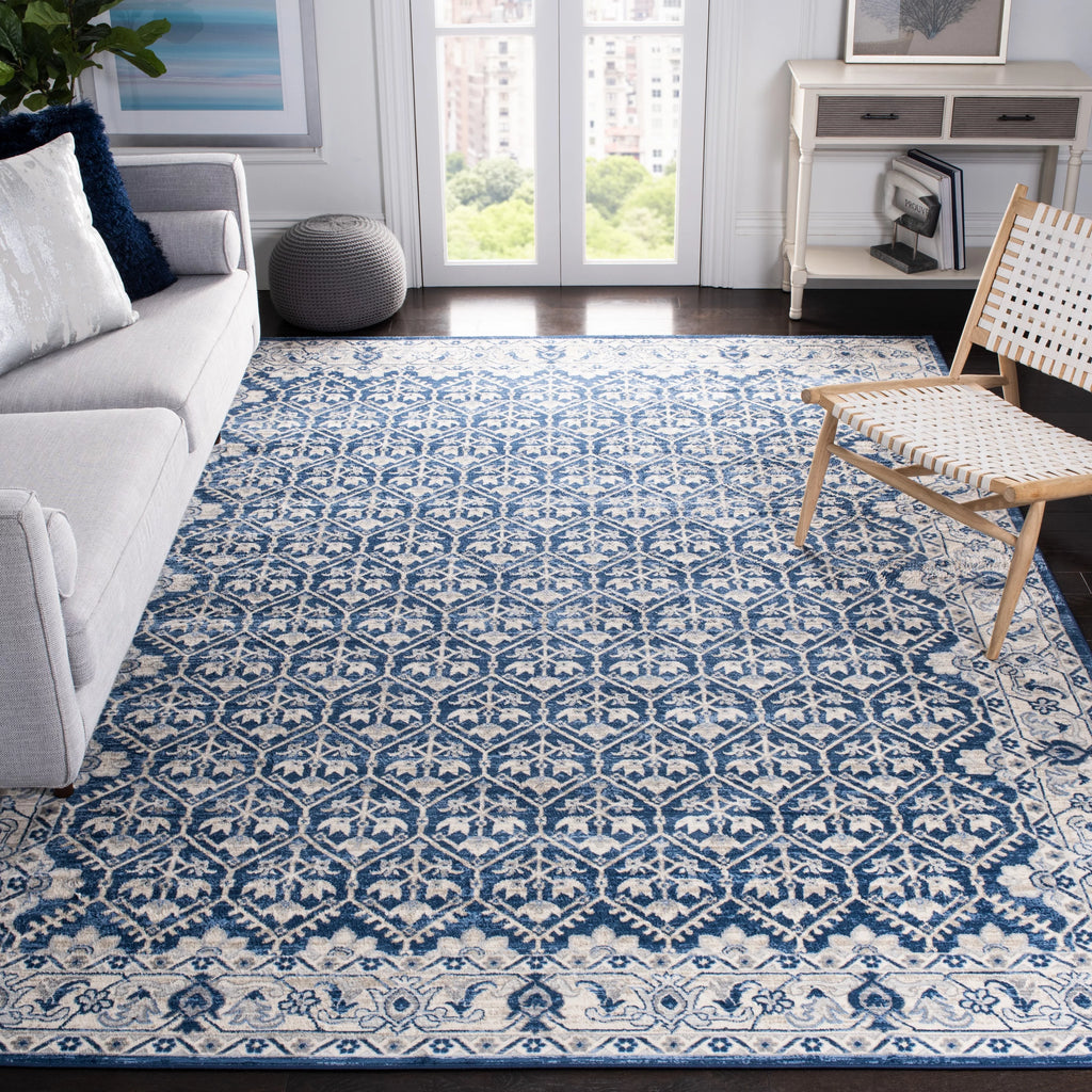 Navy Light Grey Floral Geometric Area Rug L82375