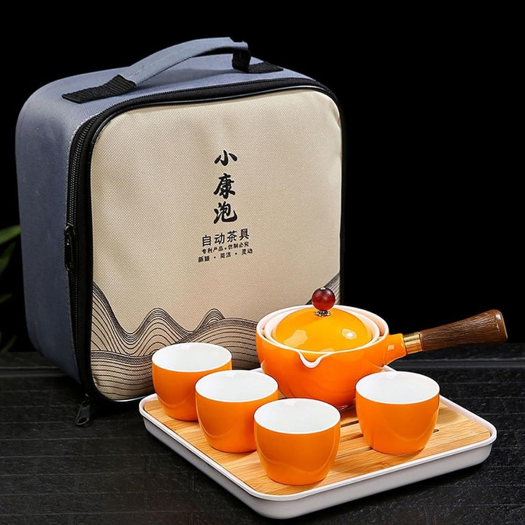 Ceramic Portable Travel Tea Set with 360 Rotation Teapot, 4 Tea Cups, Bamboo Tea Tray and Travel Bag W7023
