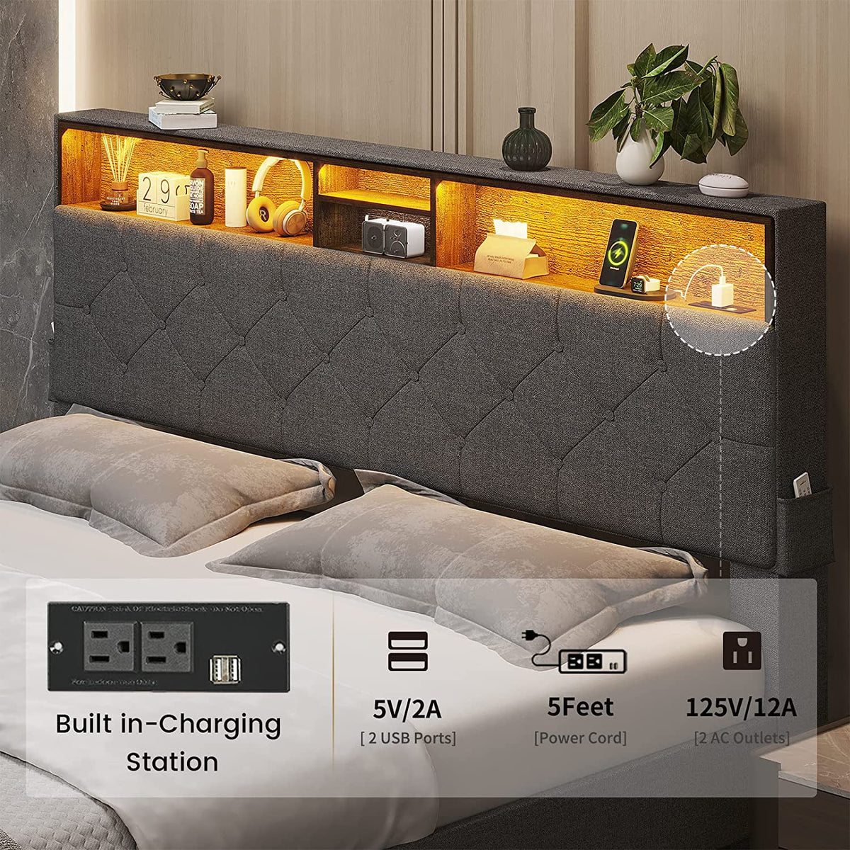 Full Size Platform Bed Frame with LED Headboard, Outlets and USB Ports, Dark Grey B257