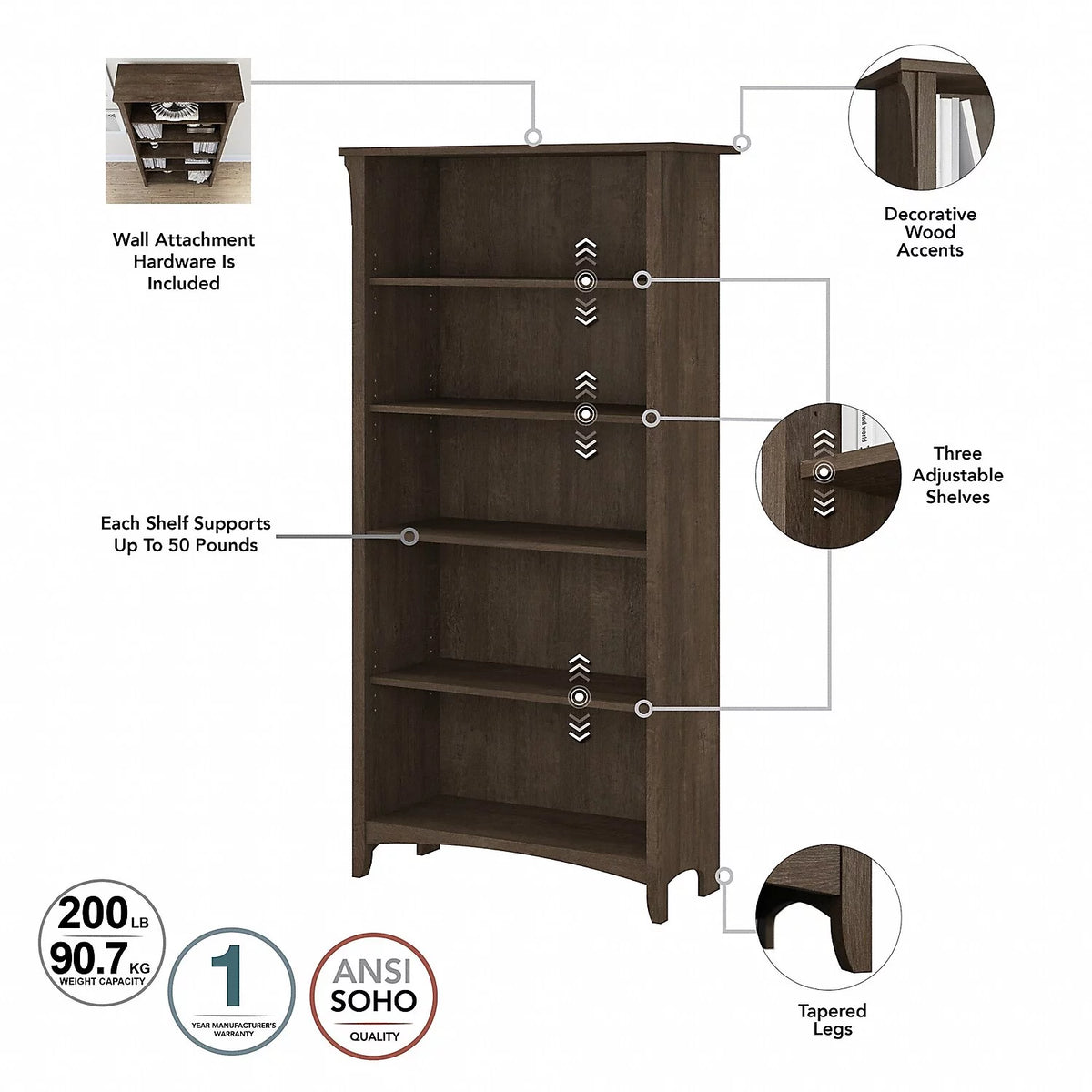 Ash Brown L Desk with File Cabinet & Bookcase A494733
