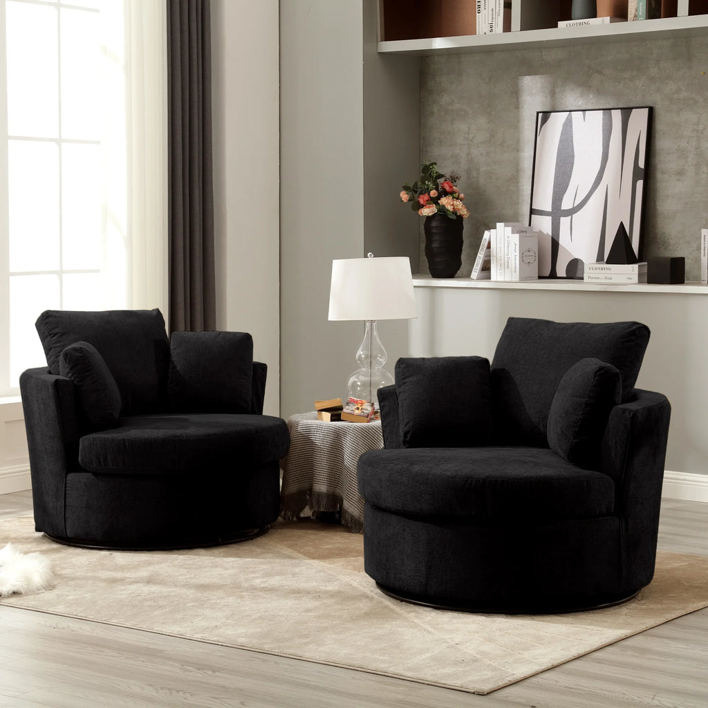 Black Chenille Swivel Barrel Chair with Pillows N2531