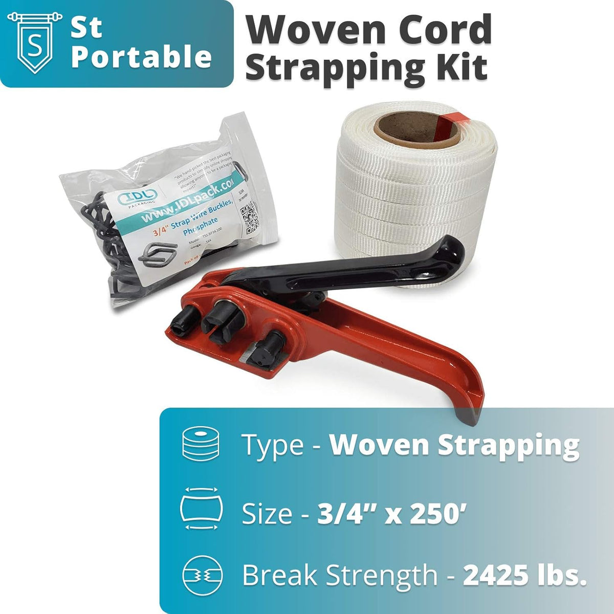 3/4" x 1000' Woven Cord Strapping Kit with Polyester Cord Strapping Tensioner, Strapping Buckles and Woven Cord Strapping Roll N698178