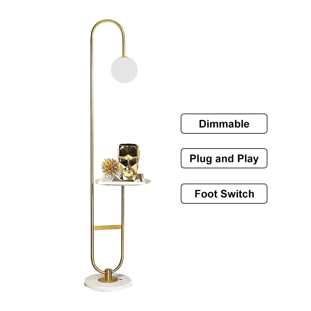 60" Modern Arc Floor Lamp with Shelf Gold Glass Shade Marble Base U7586