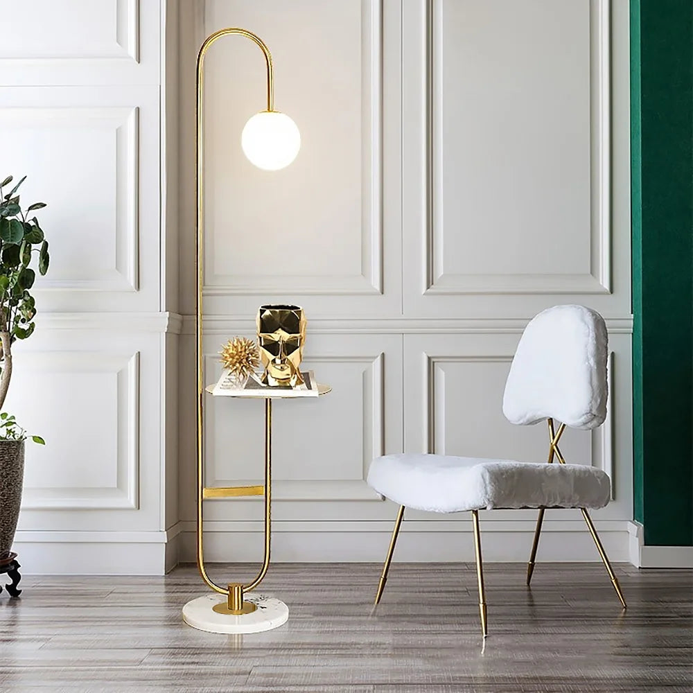 60" Modern Arc Floor Lamp with Shelf Gold Glass Shade Marble Base U7586