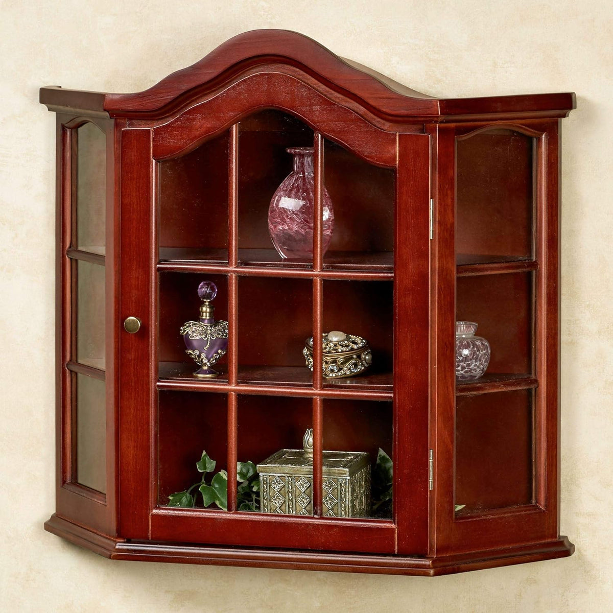 Wooden Wall Curio Cabinet Cherry One Size 21 Inches High J3553