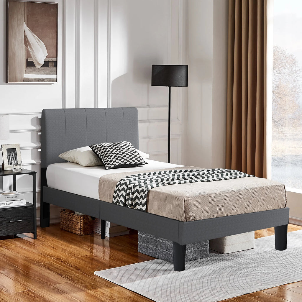 Gray Upholstered Twin Platform Bed with Headboard P31938