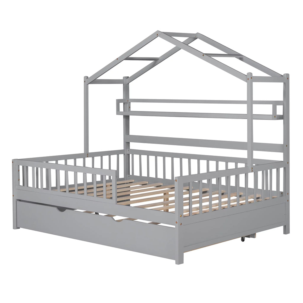 Gray Wood Twin House Bed with Trundle X808