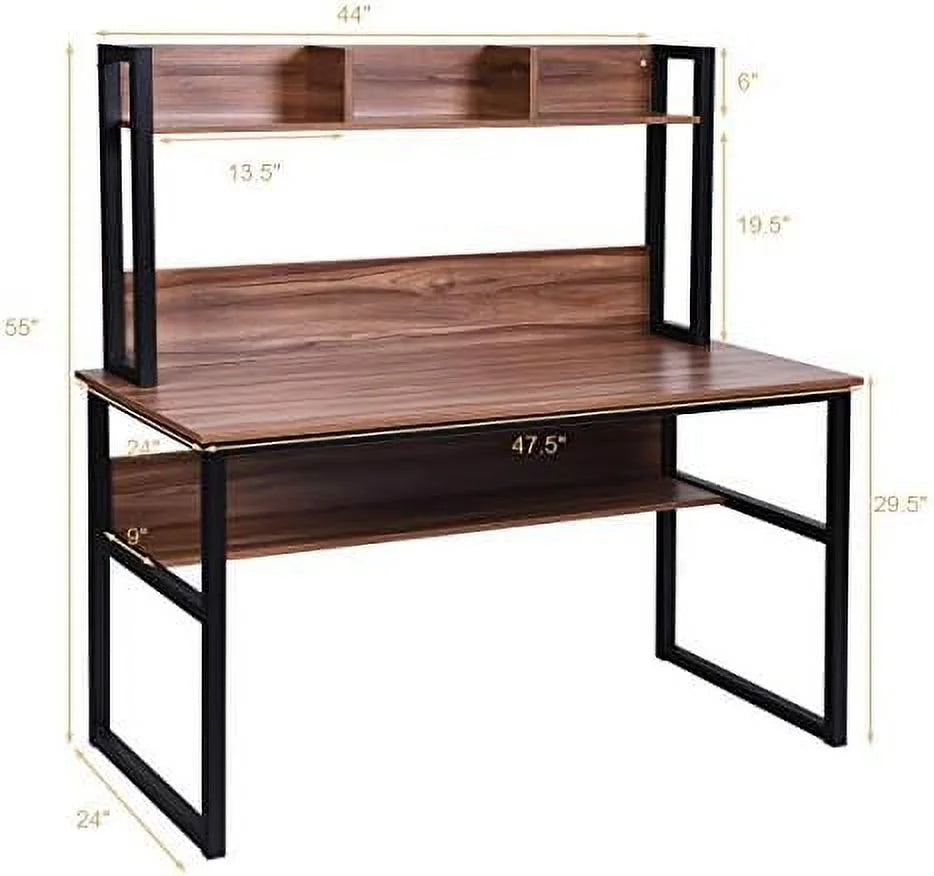 Light Walnut Computer Desk with Hutch and Bookshelves S7704
