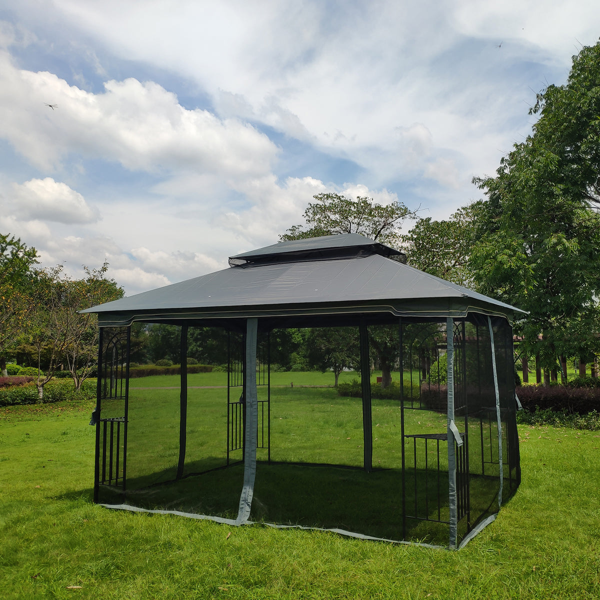Gray Outdoor Patio Gazebo Canopy Tent with Ventilated Double Roof and Mosquito Net S39220