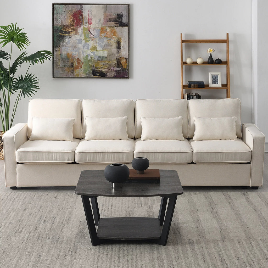 104" Beige 4-Seater Sofa with Armrest Pockets and Pillows U79913