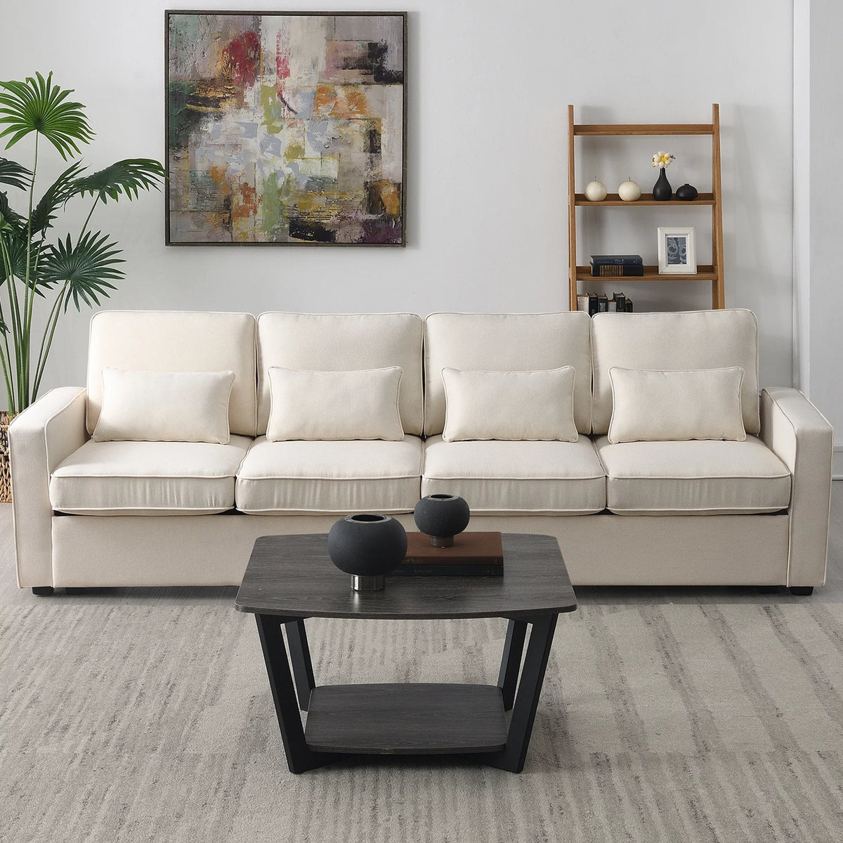 104" Beige 4-Seater Sofa with Armrest Pockets and Pillows U79913