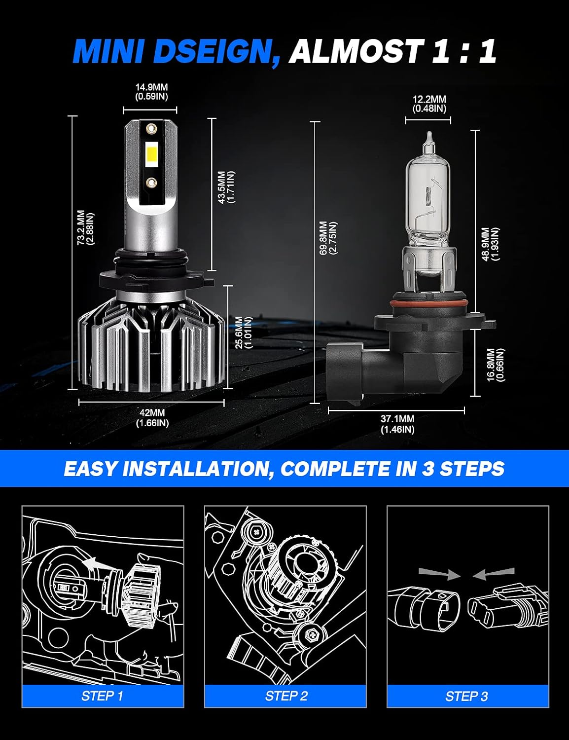 9006/HB4 Low Beam 9005/HB3 High Beam 26000LM 120W LED Headlight Bulbs Combo, 6500K Cool White, Pack of 4 Pack of 2 E998