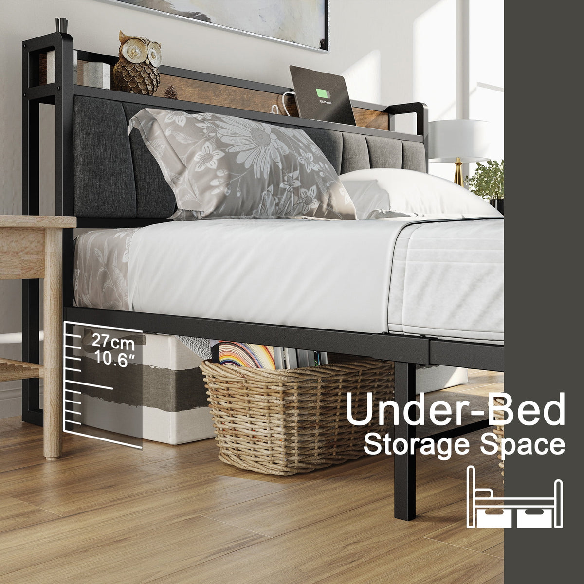 King Metal Bed Frame with Storage Headboard and Outlets G9655