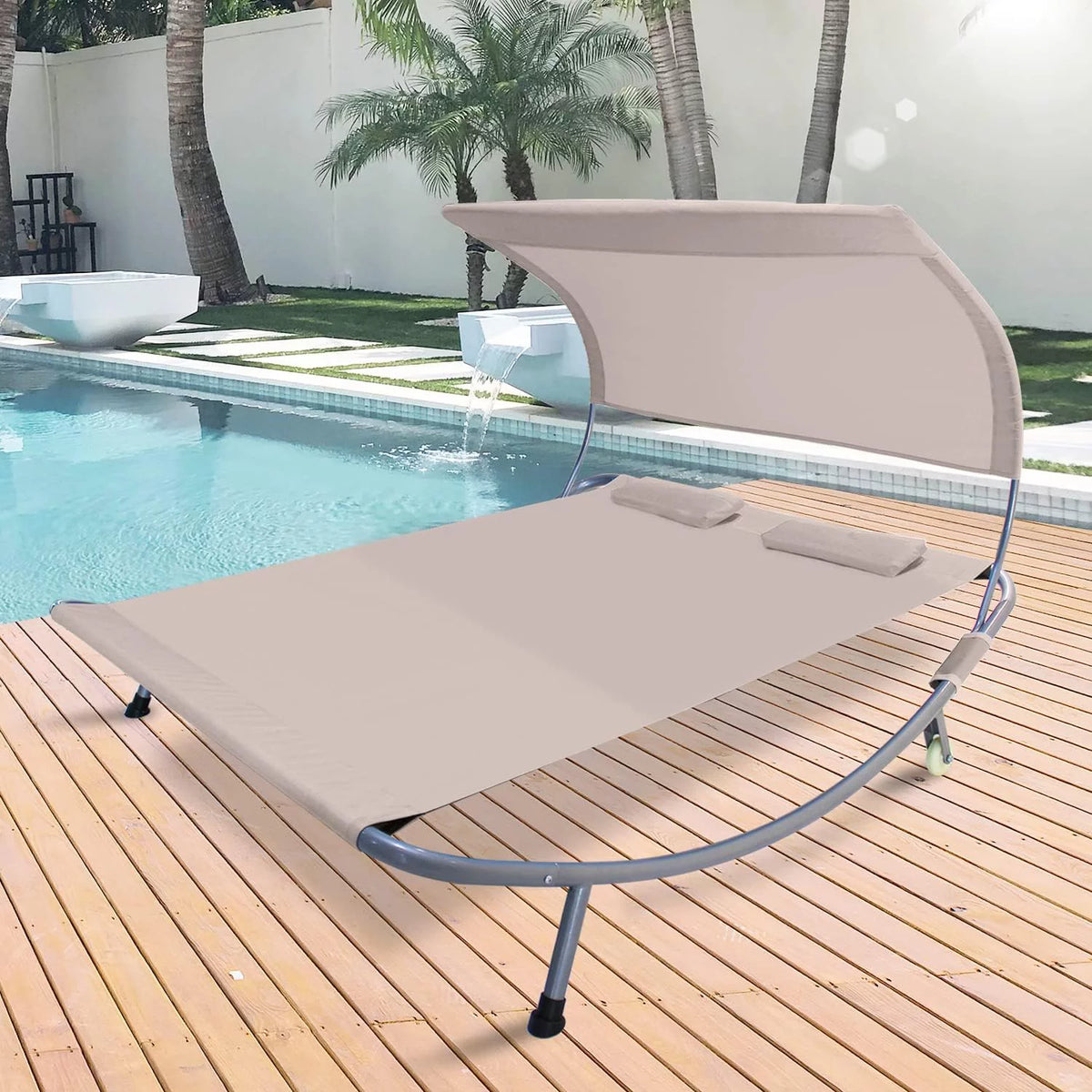 Double Chaise Lounge Bed with Canopy, Headrest Pillow and Wheels R3777