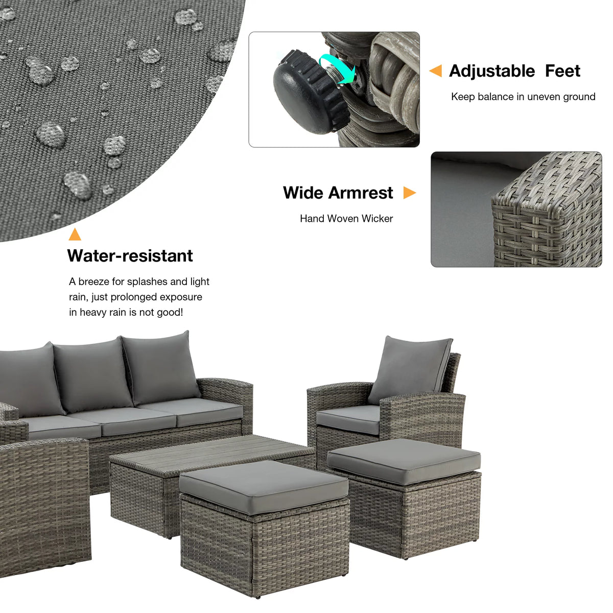 6 Pieces Wicker Rattan Sofa and Table K59179