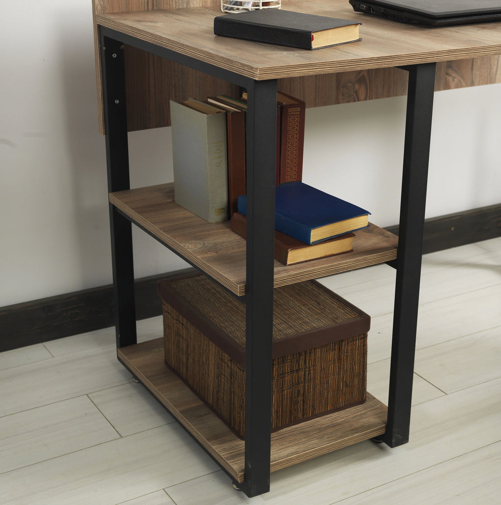 Black Metal Frame 58" Wooden Top 2 Shelves Writing and Computer Desk D820638