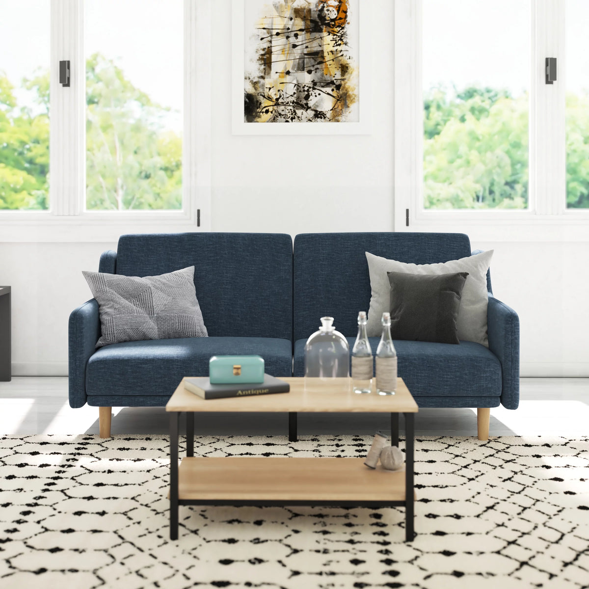 Navy Faux Linen Upholstered Split Back Sofa Futon U75098