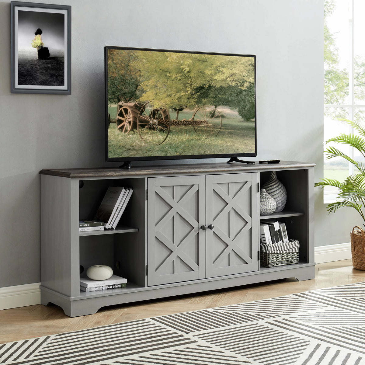 70 in. Farmhouse TV Stand Entertainment Center Gray with Walnut Color Desktop M711905