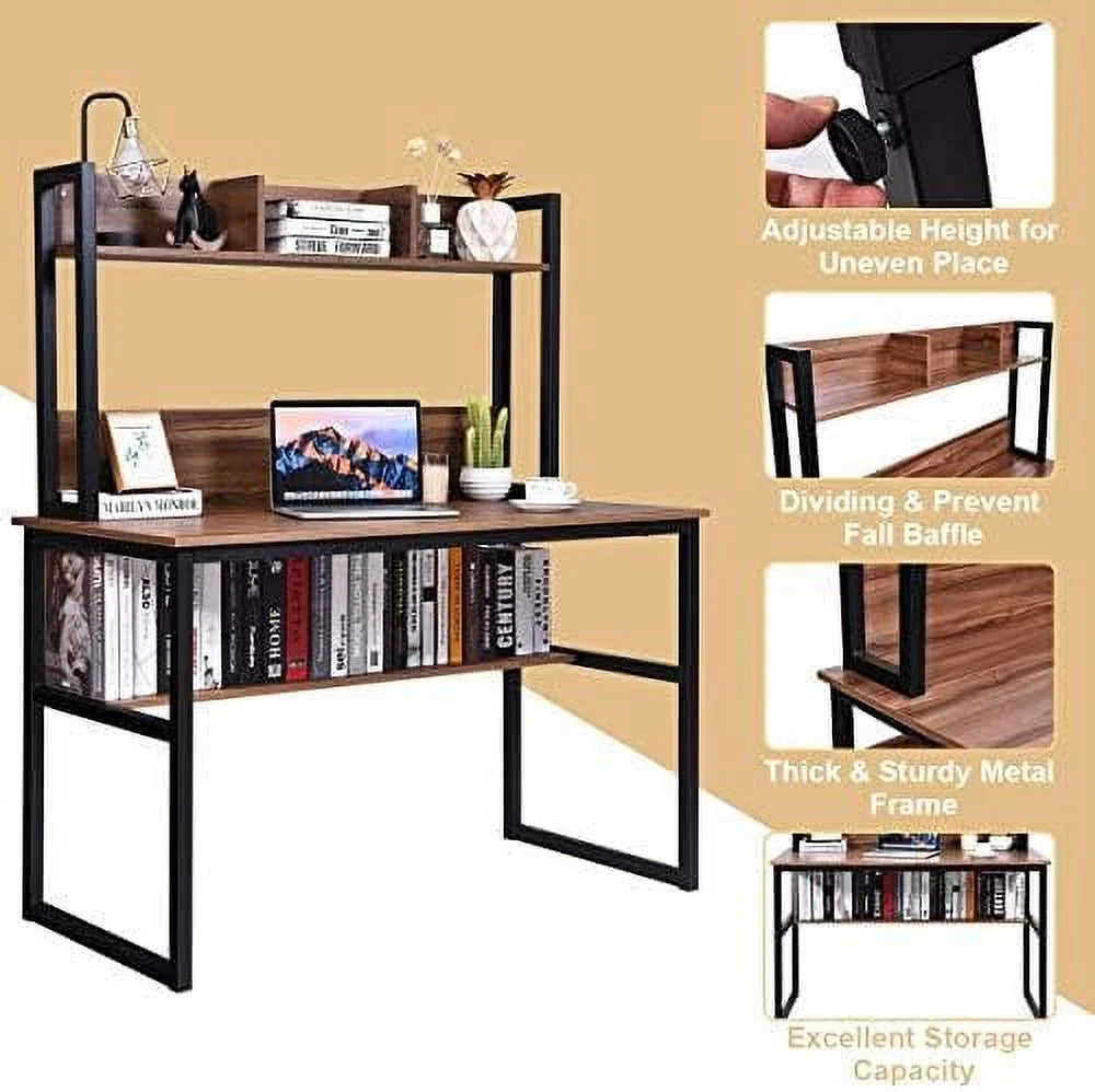 Light Walnut Computer Desk with Hutch and Bookshelves S7704