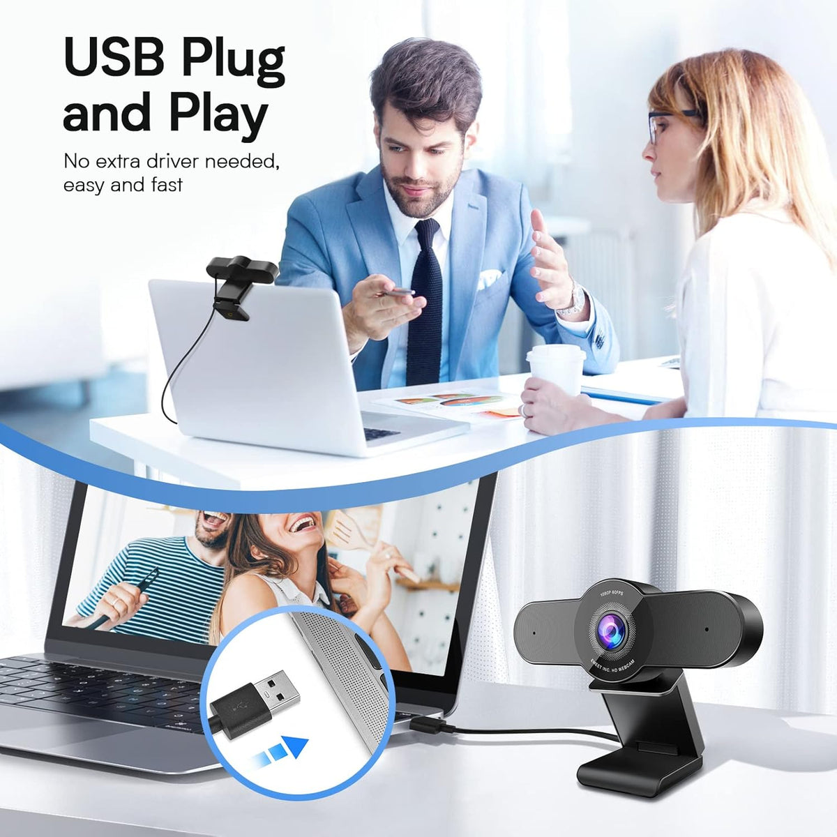 1080P 60FPS Webcam with Privacy Mode, Built-in 2 Noise Reduction Mics, Autofocus USB Camera W356