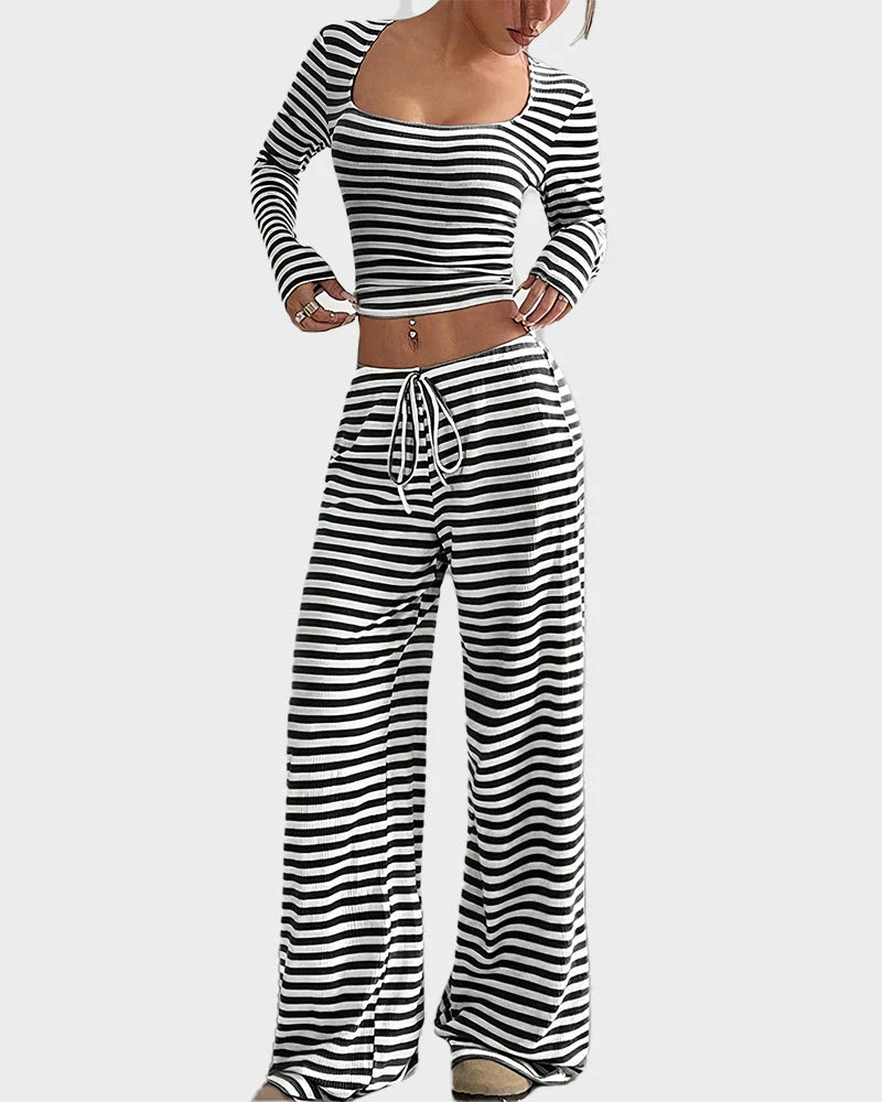 Stripe Crop Top & Wide Leg Two-Piece Lounge Set P3450