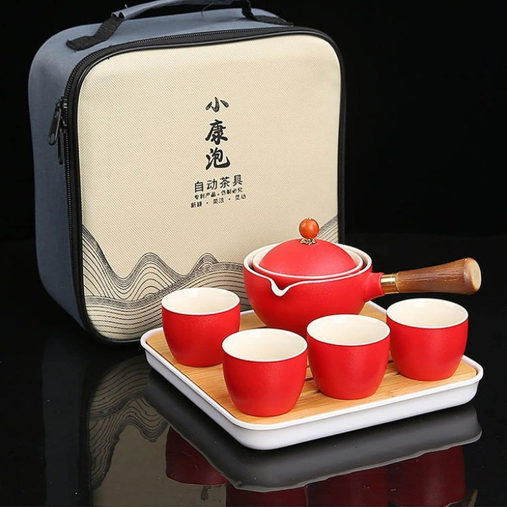 Ceramic Portable Travel Tea Set with 360 Rotation Teapot, 4 Tea Cups, Bamboo Tea Tray and Travel Bag W7023