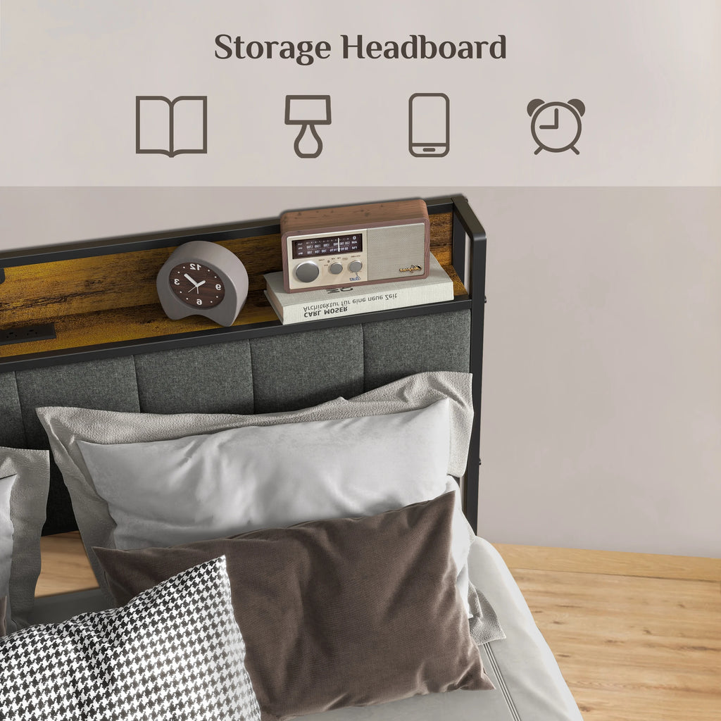 Log Brown Full Size Metal Bedframe with Headboard R5228