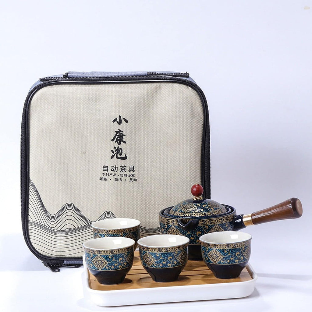Ceramic Portable Travel Tea Set with 360 Rotation Teapot, 4 Tea Cups, Bamboo Tea Tray and Travel Bag W7023