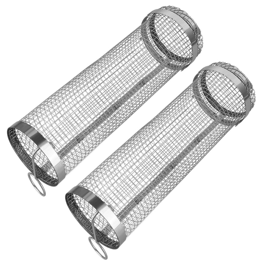 2Pcs Portable BBQ Rolling Basket Round Stainless Steel Grill Mesh with Removable Cover H451