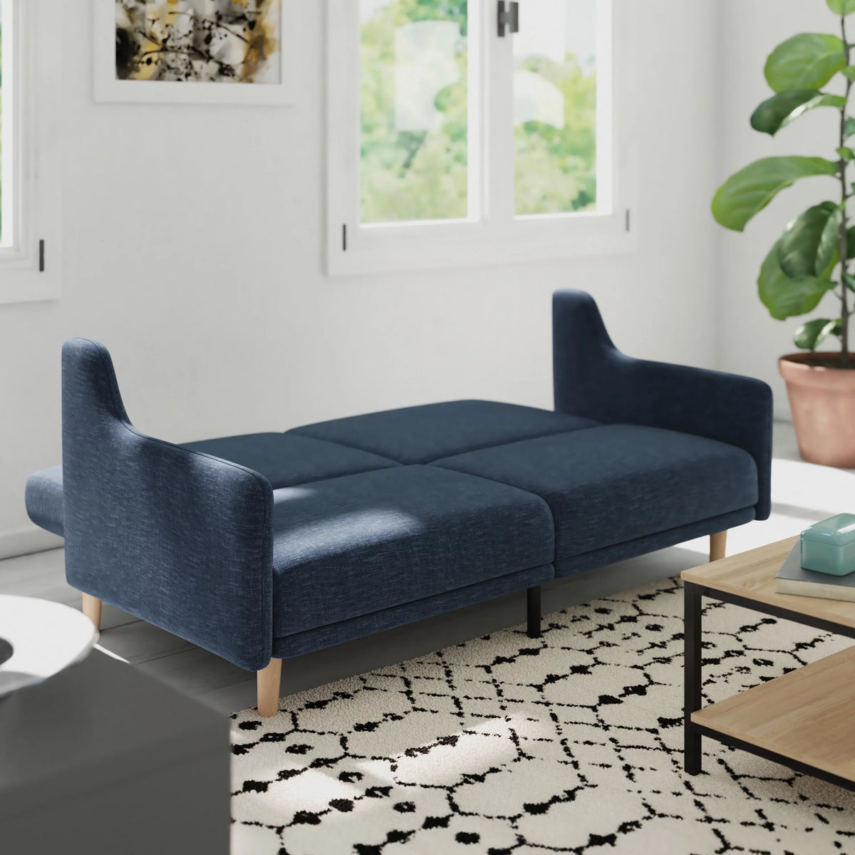 Navy Faux Linen Upholstered Split Back Sofa Futon U75098