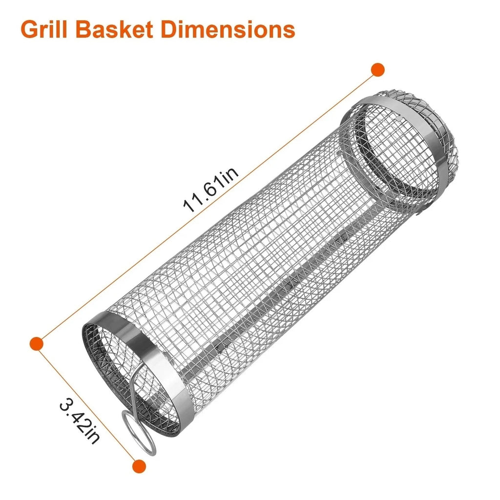 2Pcs Portable BBQ Rolling Basket Round Stainless Steel Grill Mesh with Removable Cover H451