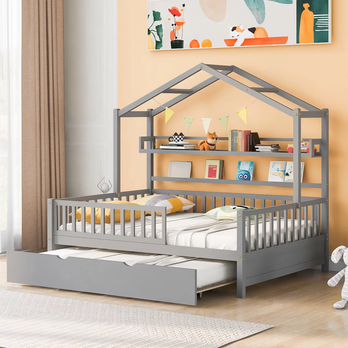 Gray Wood Twin House Bed with Trundle X808
