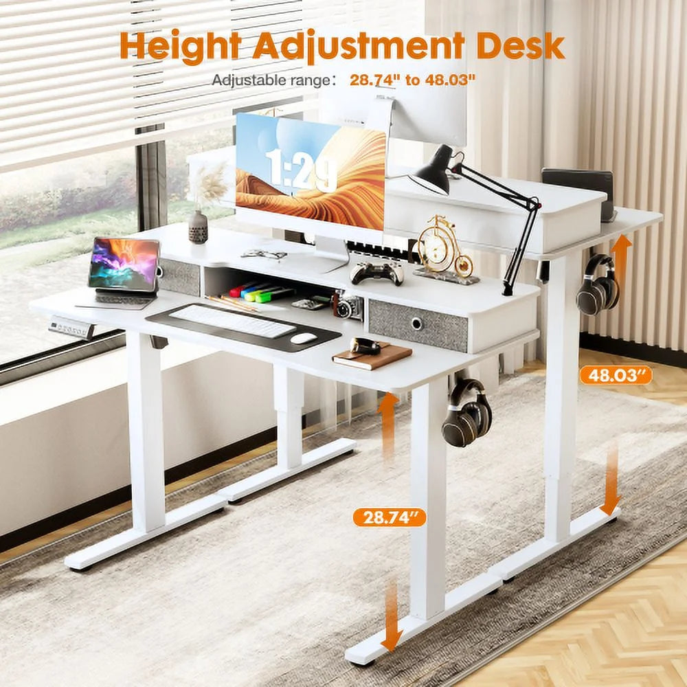 Height Adjustable Electric Standing Desk with Storage Shelf Double Drawer White J915040