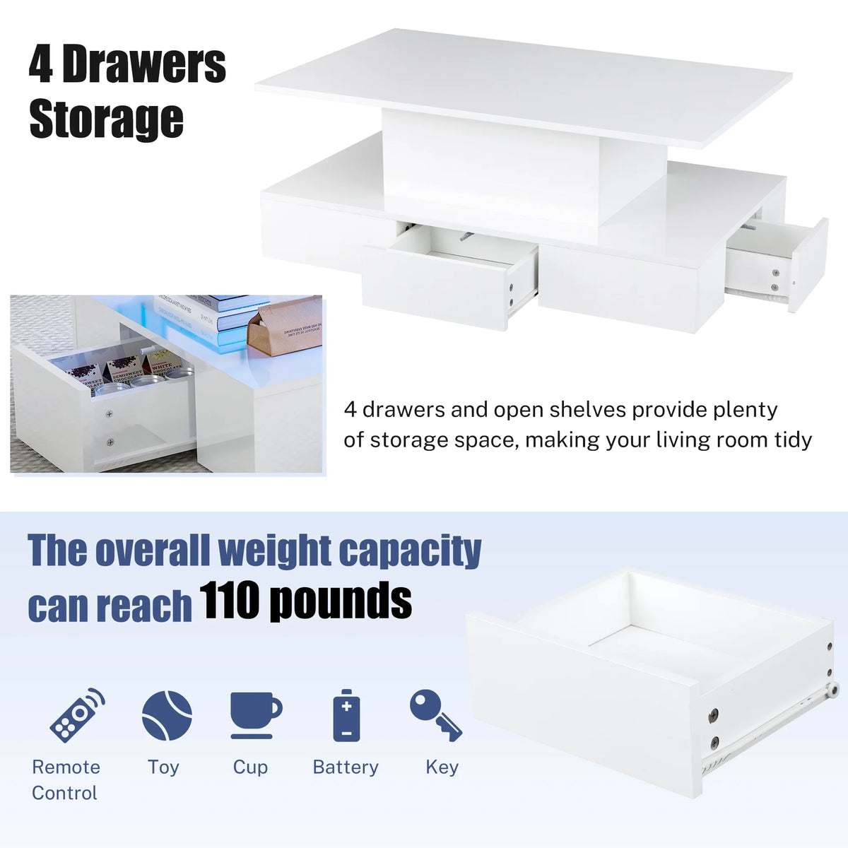 White LED Coffee Table with 4 Drawers Z4678