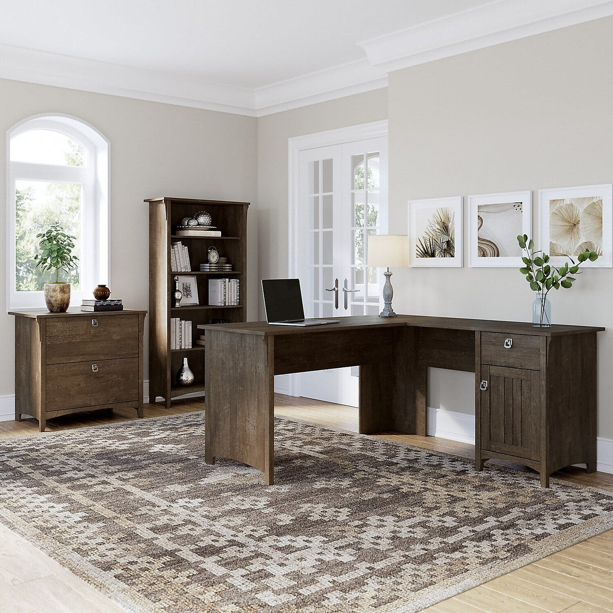 Ash Brown L Desk with File Cabinet & Bookcase A494733