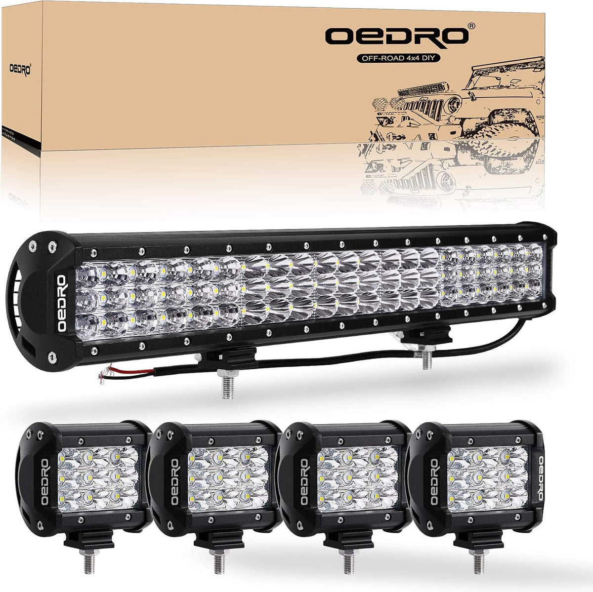 20 Inch 300W Tri-Row Spot Flood Combo Work Light with 4Pcs 4 Inch 27W LED Pods Driving Fog Lamp O651
