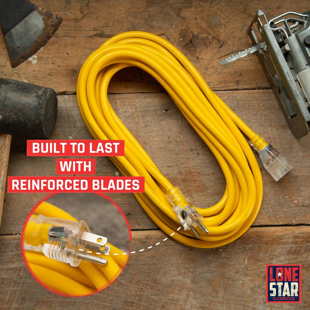 Yellow 50 Foot 12/3 SJTW Lighted Extension Cord 3 Prong Grounded Plug 12 Gauge Cable Pack of 2 M4281