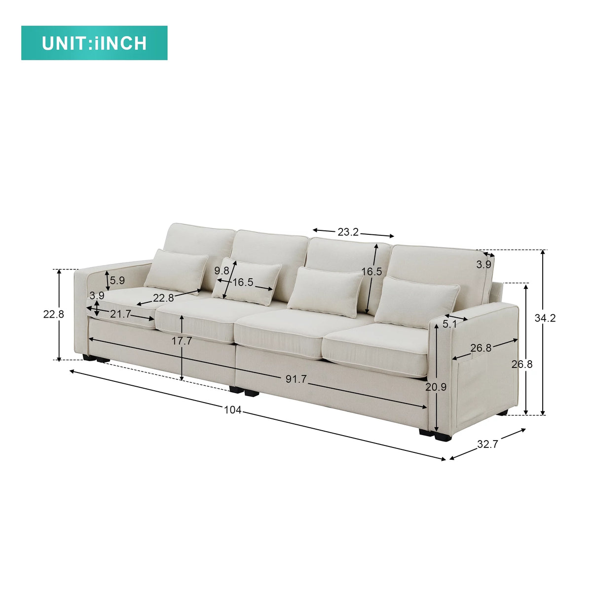 104" Beige 4-Seater Sofa with Armrest Pockets and Pillows U79913