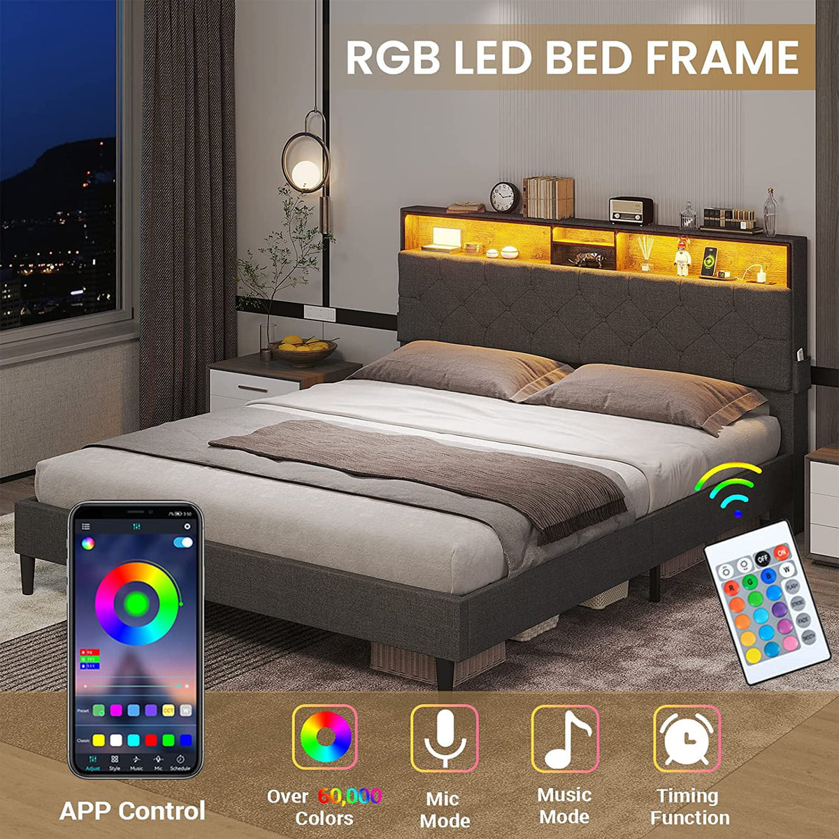 Full Size Platform Bed Frame with LED Headboard, Outlets and USB Ports, Dark Grey B257