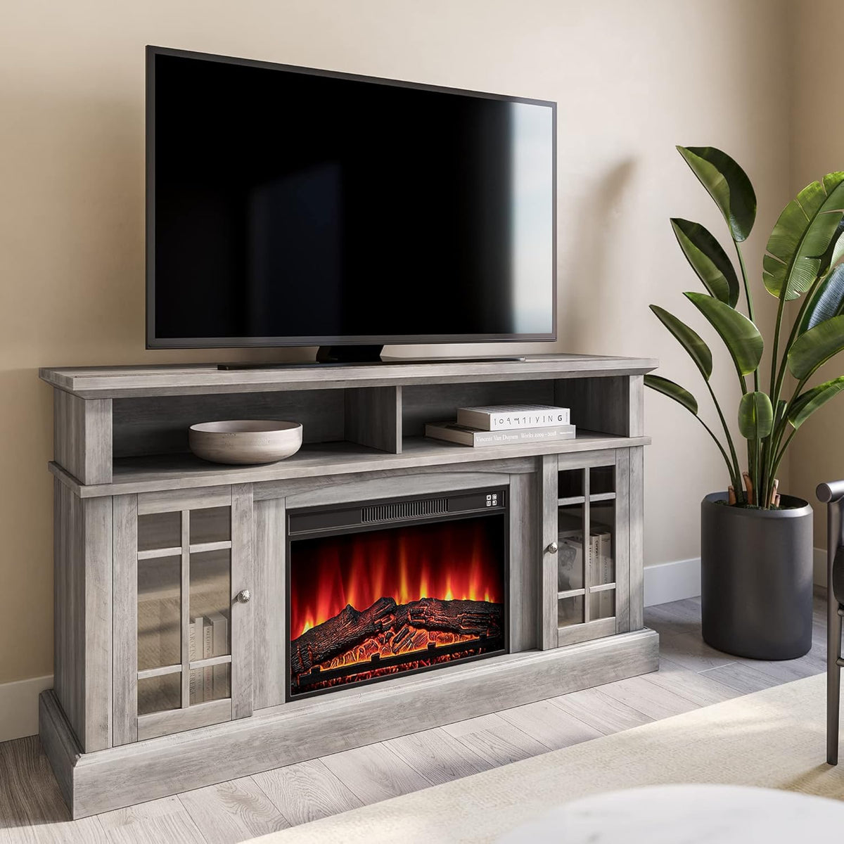 Gray Wash Electric Fireplace TV Stand with Open Storage Shelves and Cabinets S123626