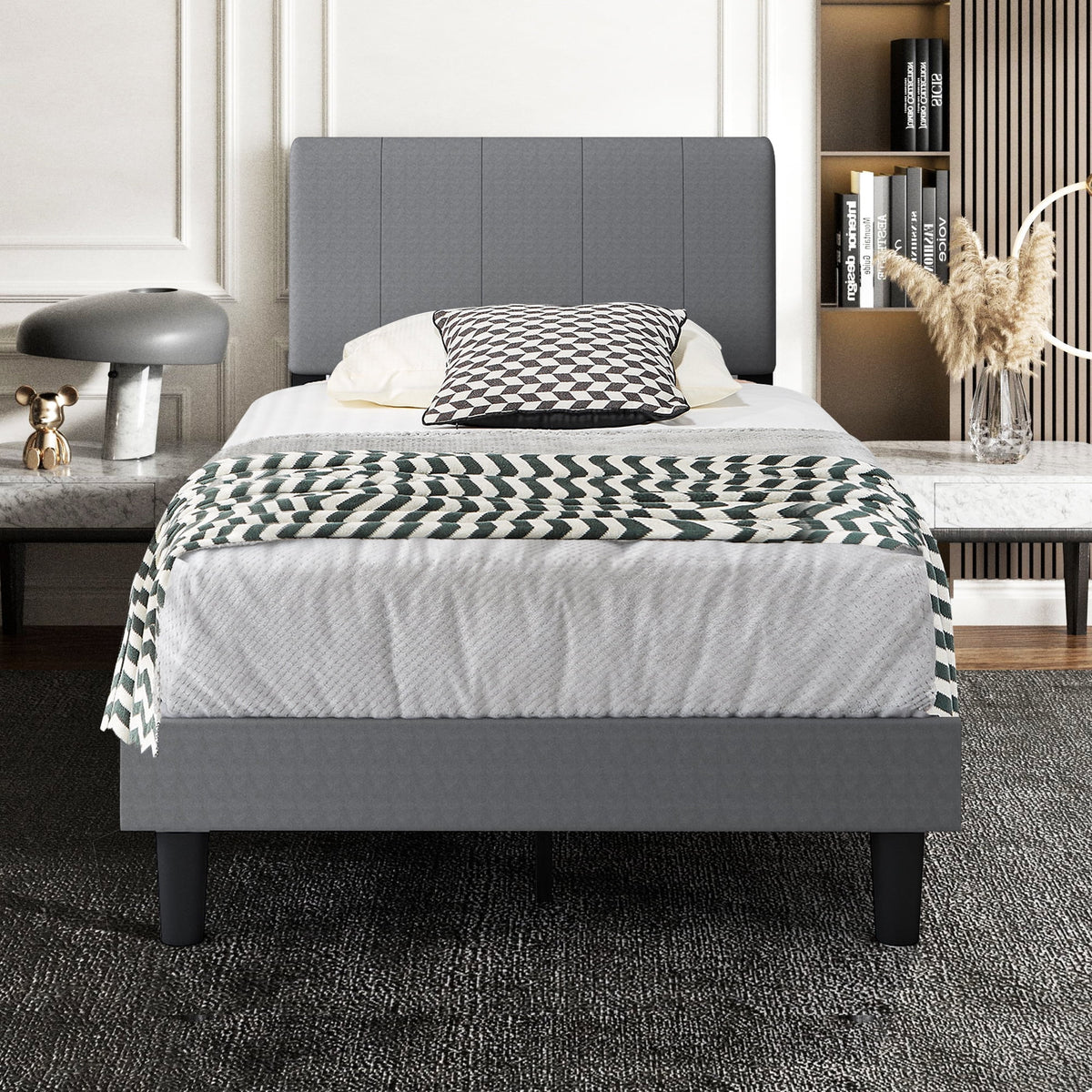 Gray Upholstered Twin Platform Bed with Headboard P31938