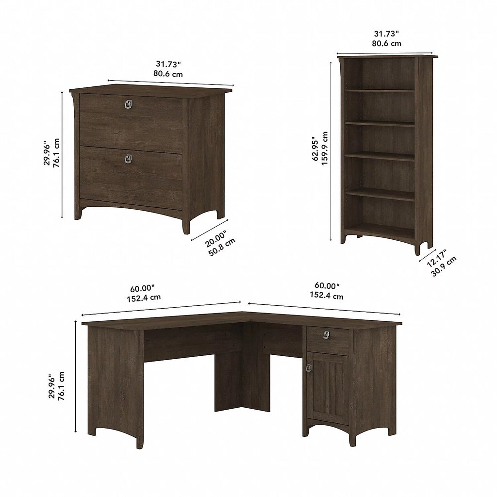 Ash Brown L Desk with File Cabinet & Bookcase A494733