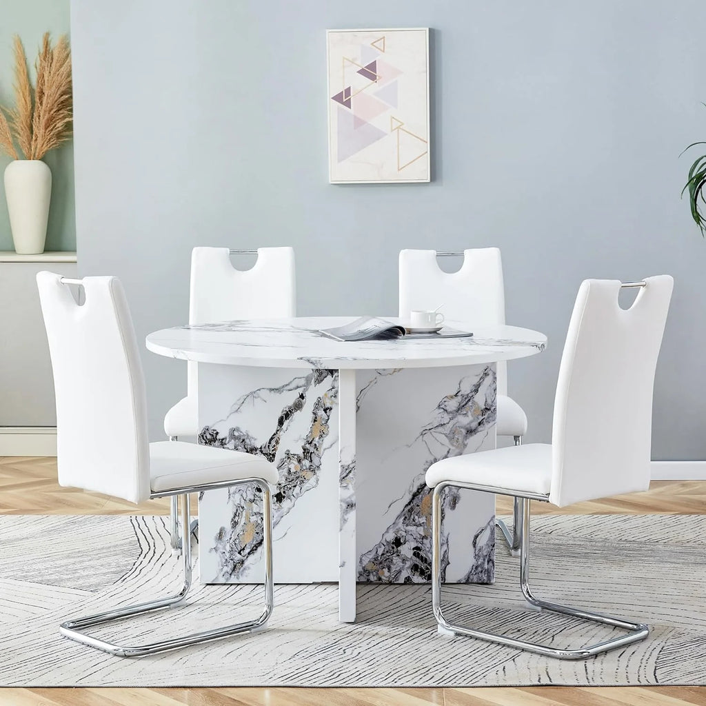 White 5 Piece Round Dining Table Set L5076